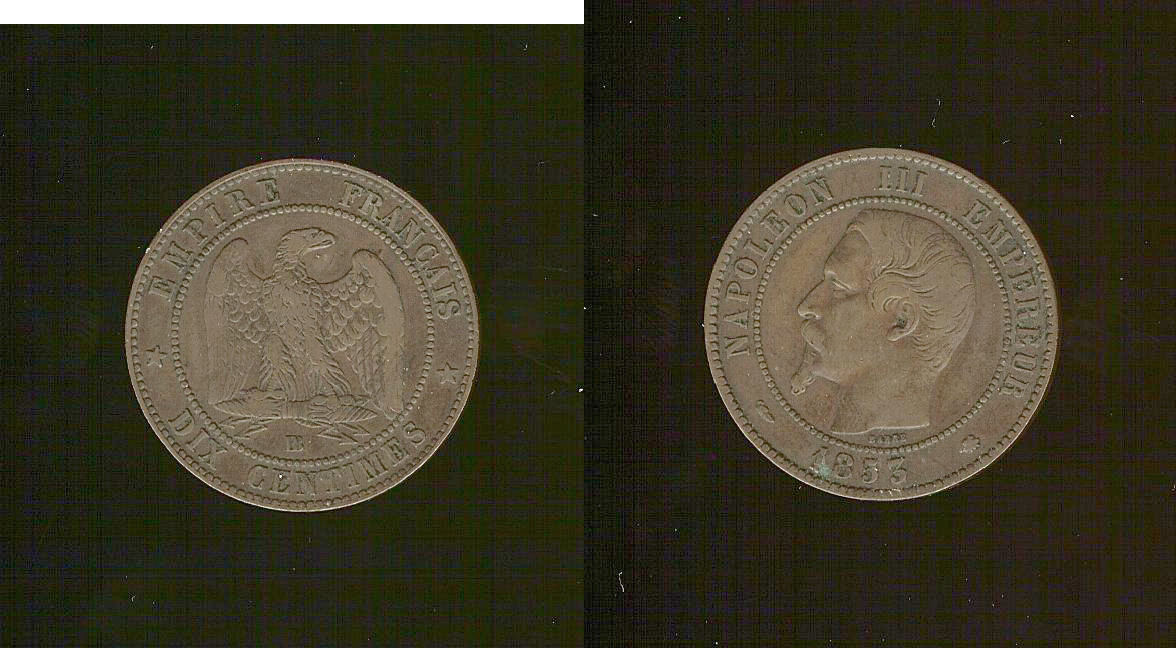Dix centimes Napoléon III, tête nue 1853 Strasbourg TTB